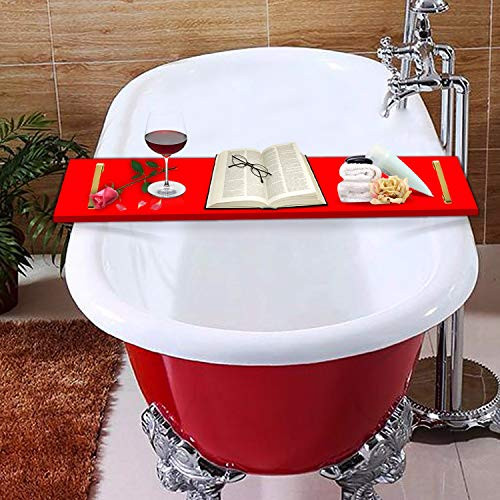 E&F Modern Designs Luxury Bathtub Caddy, Clear Acrylic Bath Tray with Rust-Proof Stainless Steel Handles (Red with Gold Handle)