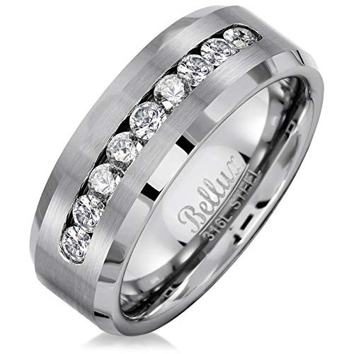 Mens Wedding Bands Stainless Steel Beveled Edge 8mm CZ Anniversary Promise Rings for Him -Size 9-