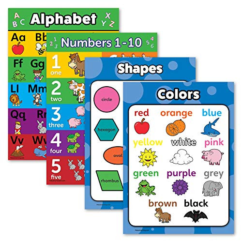 4 Pack - ABC Alphabet - Numbers 1-10 - Shapes - Colors Poster Set - Toddler Educational Charts -Laminated  18 x 24-
