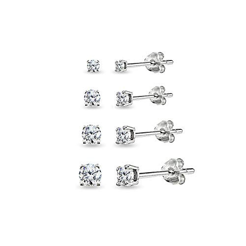 4 Pair Set Sterling Silver Cubic Zirconia Round Stud Earrings  2mm 3mm 4mm 5mm