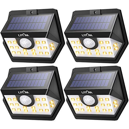 LITOM Basics Solar Lights Outdoor, Wireless Solar Motion Sensor Lights(Warm Light), 270°Wide Angle, IP65 Waterproof, Easy-to-install Security Lights for Front Door, Yard, Garage, Deck, Porch-4 Pack