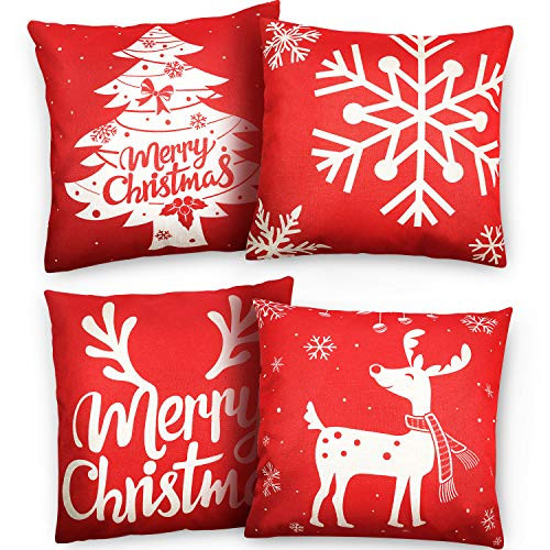 Boao 4 Pieces Christmas Pillow Covers Pillow Case Cushion Cover  18 by 18 Inch Xmas Tree Snowman Reindeer Snowflakes Merry Christmas for Sofa Christma