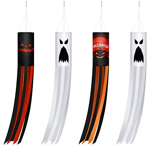 Skylety 4 Pieces 40 Inch Halloween Pumpkin Ghost Windsock Flag  Ghost Windsock Flag  Ghost Windsock  Halloween Hanging Decoration  Pumpkin Windsock fo