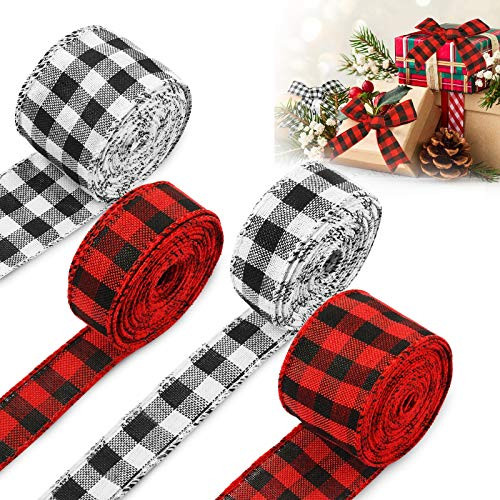 4 Rolls Christmas Checkered Wired Edge Ribbons Buffalo Plaid Ribbons Gingham Wrapping Ribbon for Christmas Crafts Wrap Decoration  Totally 26 Yards  R