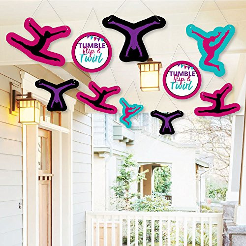 Hanging Tumble, Flip & Twirl - Gymnastics - Outdoor Hanging Decor - Birthday Party or Gymnast Party Decorations - 10 Pieces
