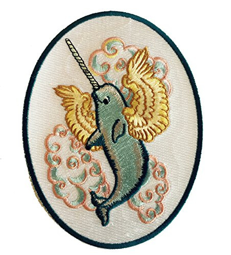 Flying Whale Narwhal WITH Wings in Clouds - Iron on Embroidered Patch Applique