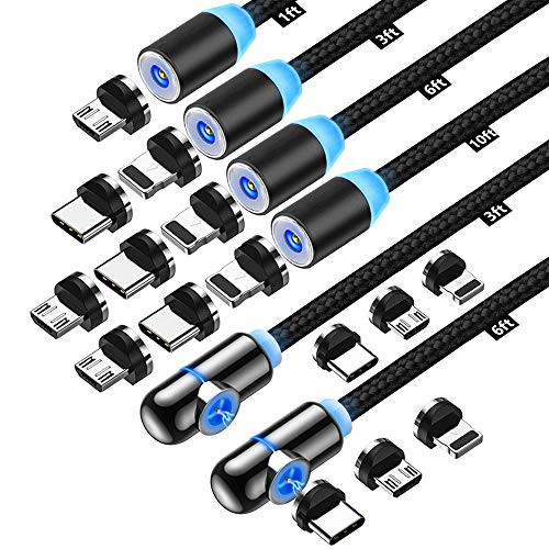 Magnetic Charging Cable -6-Pack 1ft-3ft-3ft-6ft-6ft-10ft- NKV 3 in 1 Charging Cable? Compatible with Micro USB Type C and iProduct -Black-