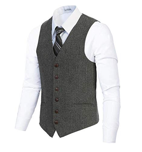 Gioberti Mens 6 Button Custom Formal Tweed Vest  2 - Herringbone Gray  X-Large