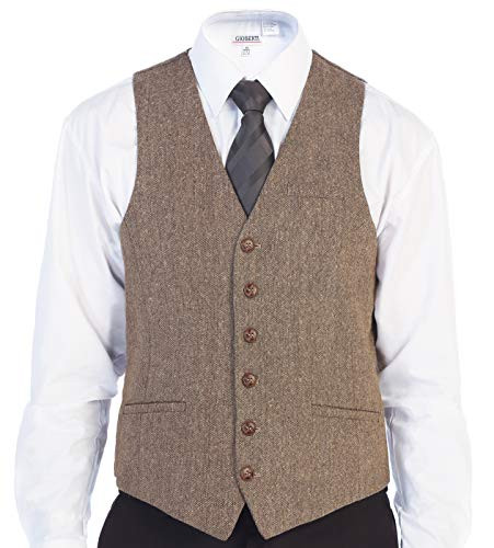 Gioberti Mens 6 Button Slim Fit Formal Herringbone Tweed Vest  Barleycorn Tan  Medium