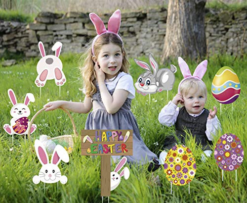 LUCKKYY 8 Pieces Easter Yard Signs Decorations Outdoor Bunny  Eggs Yard Stake Signs Easter Lawn Yard Decorations for Easter Hunt Game Easter Party Sup