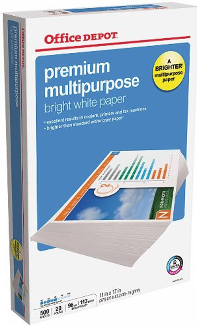 Office Depot Brand Premium Multipurpose Paper Copy Laser Inkjet Printer, 11 x 17 inch Ledger Size, 20 Lb., 96 Bright White, ColorLok, Acid Free, 500 Sheets Ream (304495)