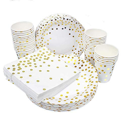 80Pcs Gold Party Tableware Dinnerware Paper Plates Napkins Cups Disposable Dinner Dessert Plates for Birthday Party Suppplies Weddings Anniversary  Wh