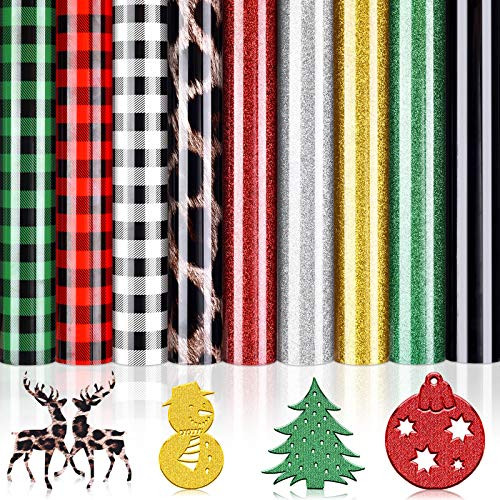 WILLBOND 9 Sheets Christmas Buffalo Heat Transfer Vinyl Plaid Iron-on Vinyl Bundle Glitter HTV Sheet Leopard Adhesive Transfer Vinyl for Clothes Bag H