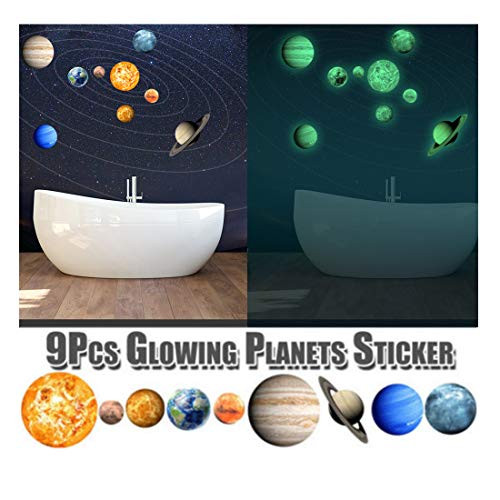 Enipate 9 Pcs 3D Glowing Planets Fluorescent Wall Stickers Glow in The Dark Solar System Ceiling Decals for Girls and Boys Bedroom