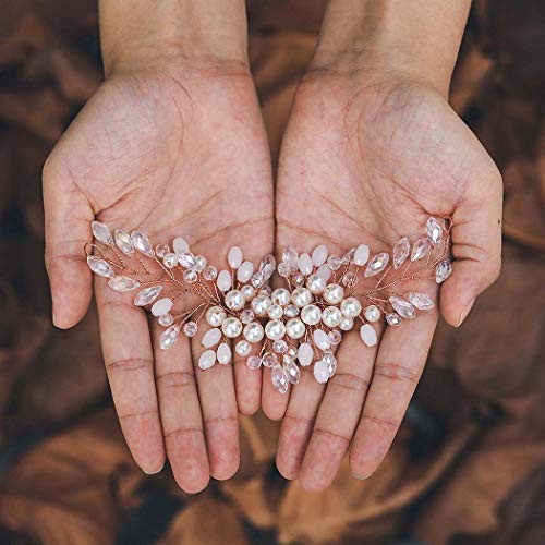 Casdre Pearl Bride Wedding Hair Vine Rose Gold Bridal Hair Accessories Rhinestone Hair Piece Headband for Women and Girls