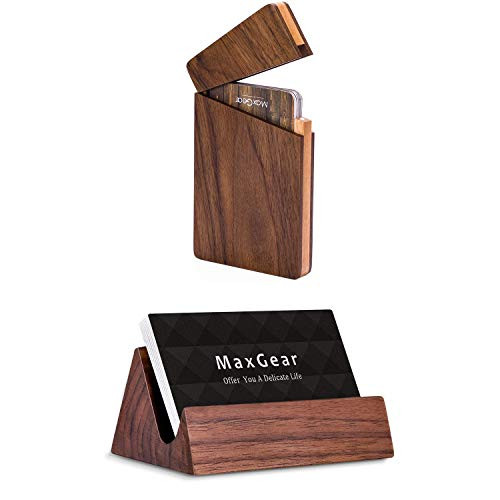 Bundle 2 Set -MaxGear Business Card Holder Wood Business Card Holders?Desk Business Card Holder Stand