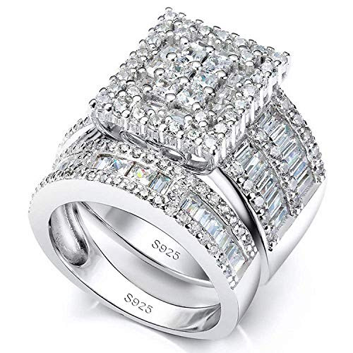 Pophylis Platinum Over Sterling Silver Big Womens Bridal Rings Set Bling Princess Cut Cubic Zirconia Size 5-11 5