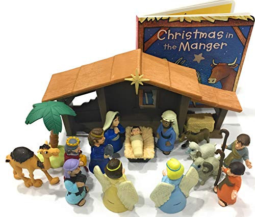 Nativity Playset for Children 19 Pieces by BibleToys Bundle. Includes Christmas in The Manger Board Book. Figures Include Mary, Joseph, Baby Jesus, Wise Men, Shepherds, & Animals. Christmas Toy.