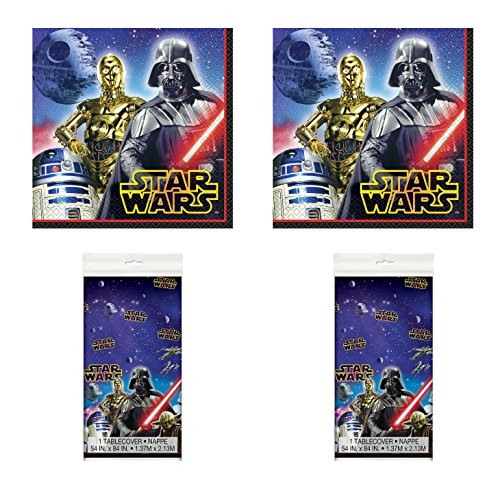 Unique Industries Two Sets of 16 Star Wars Luncheon Napkins and Two Packs of 54 x 84 Star Wars Plastic Table Cover Bundled by Maven Gifts