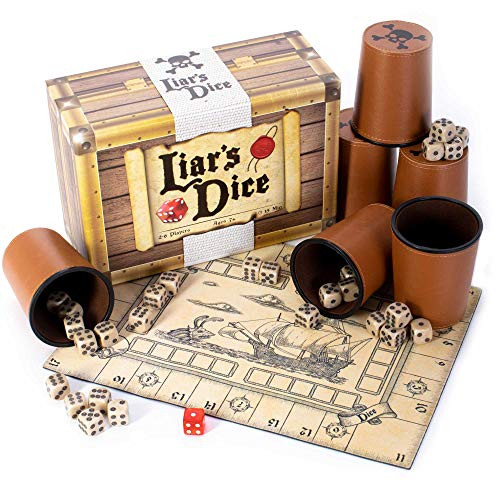 Liars Dice Game Set - Classic Family Bluffing Game - Treasure Chest Includes Six Professional Bicast Leather Dice Cups  30 Custom Bullseye D6 Dice  C