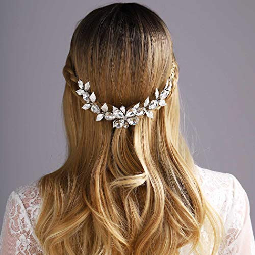 Yean Flower Wedding Hair Vine Bridal Headband Rhinestonne Silver Leaf Hair Accessories for Bride and Bridesmaid