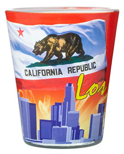 Los Angeles California Skyline and Flag Full Wrap Souvenir Shot Glass Los Angeles California Skyline and Flag Full Wrap Souvenir Shot Glass