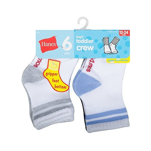 Hanes Boys Toddler Crew Non-Skid Socks  White-Gray  2 Years to 3 Years Old