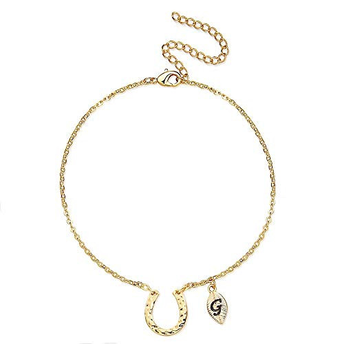 MONOOC Horseshoe Jewelry for Women  14K Gold Plated Horseshoe Pendant Bracelet Lucky Horseshoe Gift Initial Leaf Bracelet G Letter Bracelet Horse Girl