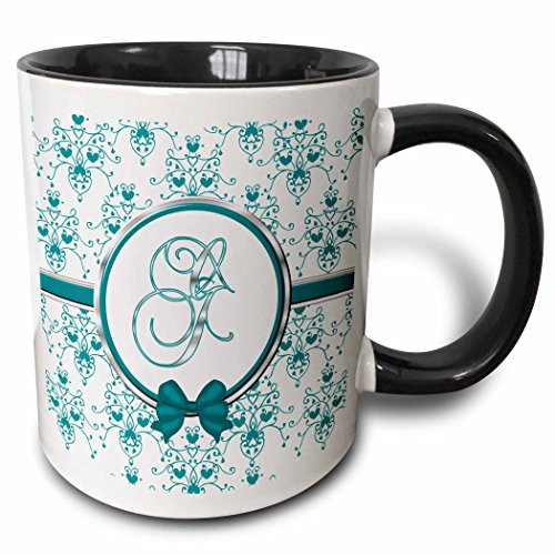 3dRose Elegant Green And Silver Heart Damask Monogram Letter G Two Tone Mug  11 oz  Black