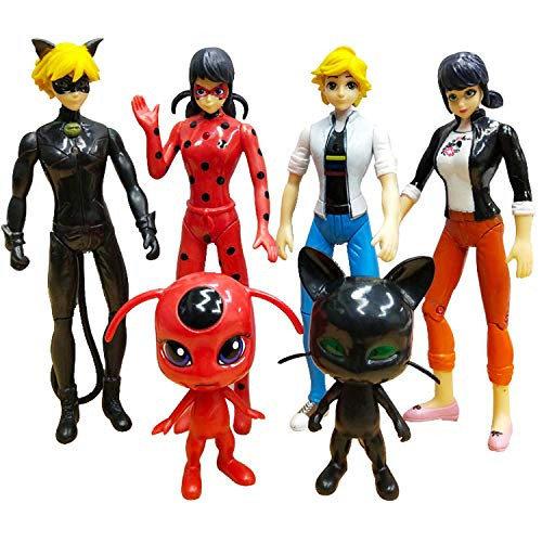 Jubasix 6pcs Ladybug Action Figure - Ladybug and cat Noir Miraculous Action Figures - Miraculous Ladybug Toy Set Minifigures - Ladybug Tikki Dolls 6 S