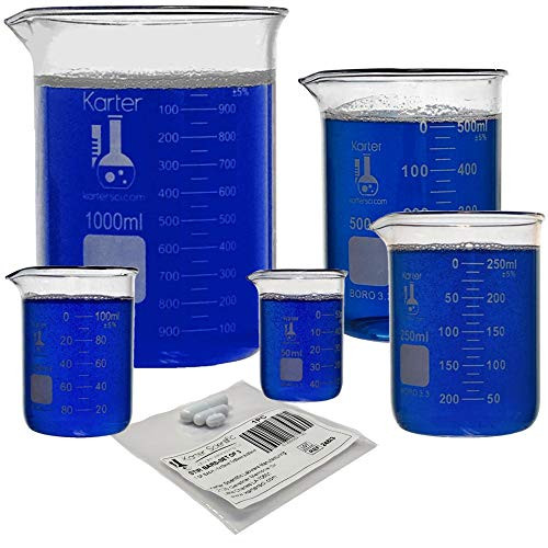 Glass Low Form Beaker Set with Magnetic Stir Bar Set  5 Sizes - 50  100  250  500  and 1L  3 3 Borosilicate Glass  Karter Scientific 213A7