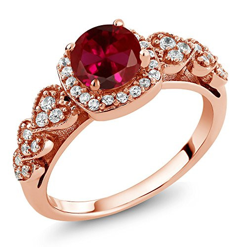 Gem Stone King 1 32 Ct Round Red Created Ruby 18K Rose Gold Plated Silver Womens Ring -Size 9-
