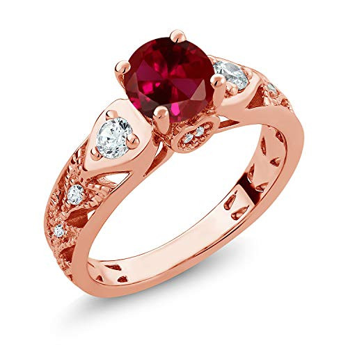 Gem Stone King 18K Rose Gold Plated Silver Red Created Ruby Women Engagement Ring -2 26 Ct Round- -Size 9-