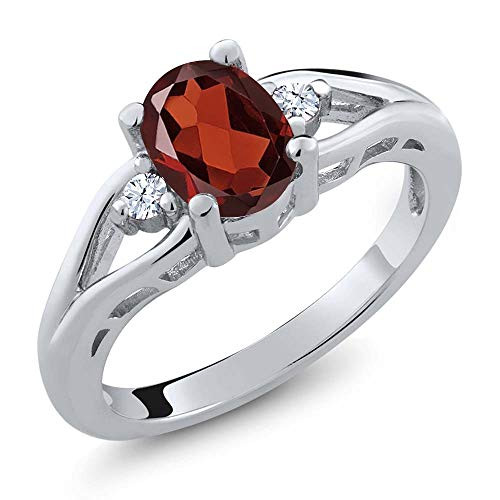 Gem Stone King 925 Sterling Silver Red Garnet and White Topaz 3-Stone Womens Ring -1 28 Ct Oval- -Size 9-