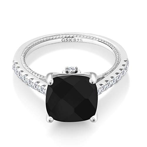 Gem Stone King 925 Sterling Silver Black Onyx and White Created Sapphire Womens Engagement Ring -4 07 Ct Cushion Checkerboard Cut 10MM- -Size 9-