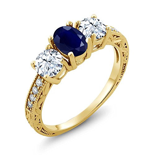 Gem Stone King 2 64 Ct Oval Blue Sapphire 18K Yellow Gold Plated Silver 3-Stone Engagement Ladies Ring -Size 5-