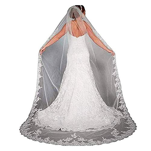 CanB Womens Lace Wedding Veil With Comb 1 Tier Bridal Cathedral Long White Veils and Headpieces for Brides 118inches -Ivory ?-