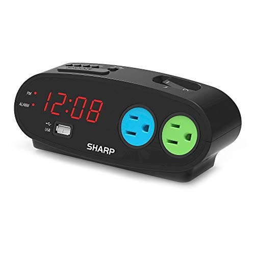 Sharp Bedside Alarm Clock with 1 Rapid Charge USB and 2 AC Outlets Ships from US