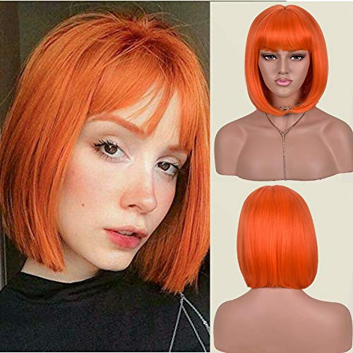 Orange Short Bob Wig With Bangs For Women Synthetic Orange Wigs Straight Womens Costume Wigs Halloween Party Christmas