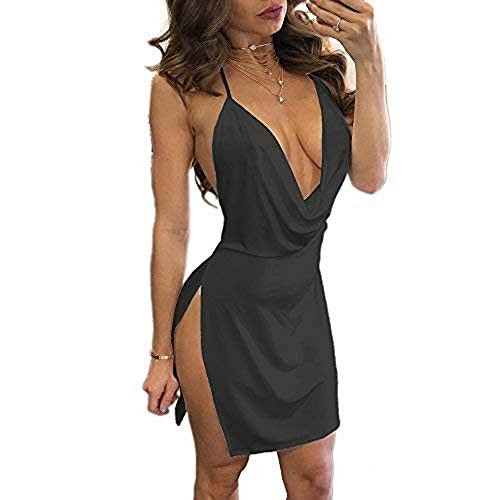 VANCOL Womens Sexy Deep V-Neck Halter Backless Slit Mini Party Club Dress -L Black- VANCOL Womens Sexy Deep V-Neck Halter Backless Slit Mini Party Club Dress -L Black-