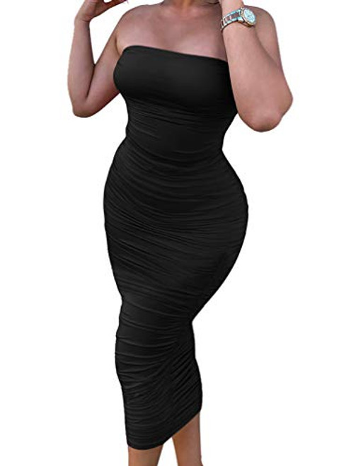 LAGSHIAN Women Sexy Bodycon Tube Top Ruched Strapless Party Midi Club Dress Black