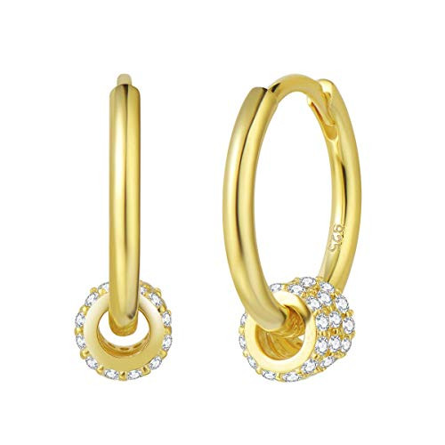 FANCIME Yellow Gold Plated 925 Sterling Silver CZ Cubic Zirconia Cartilage Huggie Endless Sleeper Round Ball Dangle Drop Hoop Earrings Dainty Fine Jew