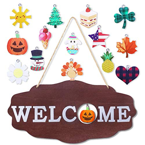 Interchangeable Seasonal Welcome Sign Front Door Decor 12 x 6 inch Rustic Wood Welcome Signs for Front Porch Holiday Halloween Fall Christmas Valentin