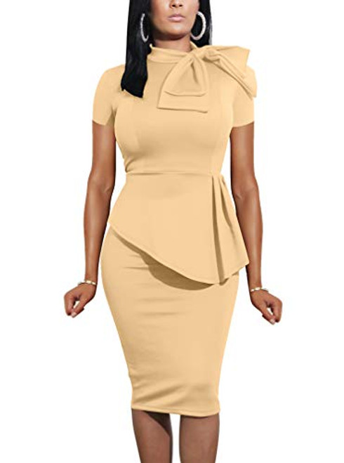 LAGSHIAN Women Fashion Peplum Bodycon Short Sleeve Bow Club Ruffle Pencil Party Dress Khaki