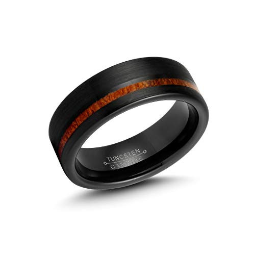 LerchPhi Mens 8mm Black Tungsten Carbide Ring Outside Matte Brushed with Wooden Texture Inlay Free Personalized Engrave Supported Comfort Fit Wedding