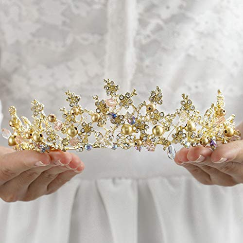 Haloty Baroque Crystal Wedding Crown Gold Flower Bride Tiara Queen Rhinestone Gem Crowns and Tiaras Bridal Headpieces for Women and Girls