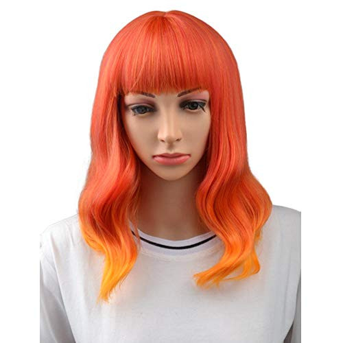 BERON 16 Womens Short Curly Wavy Wig with Bangs Synthetic Hair Party Wigs Wig Cap Included -Orange Ombre-
