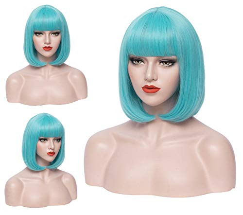 PATTNIUM Short Blue Straight Bob Wig with Bangs for Women Rose Net Synthetic Wig Cosplay Halloween Party Wigs -Light Blue- PATTNIUM Short Blue Straight Bob Wig with Bangs for Women Rose Net Synthetic Wig Cosplay Halloween Party Wigs -Light Blue-