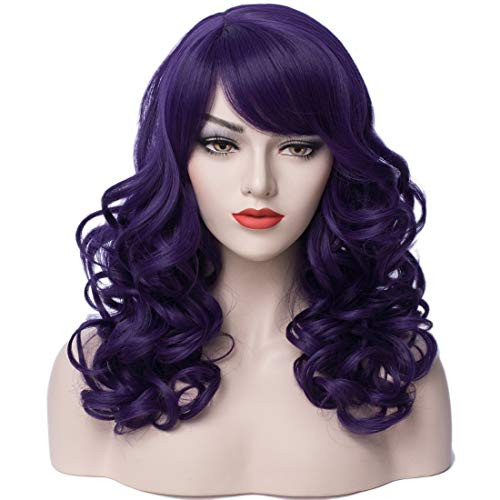 PATTNIUM Long Wavy Curly Purple Wig with Bangs for Women Shoulder Length Rose Net Wig Cosplay Costume Party Wigs -Dark Purple-