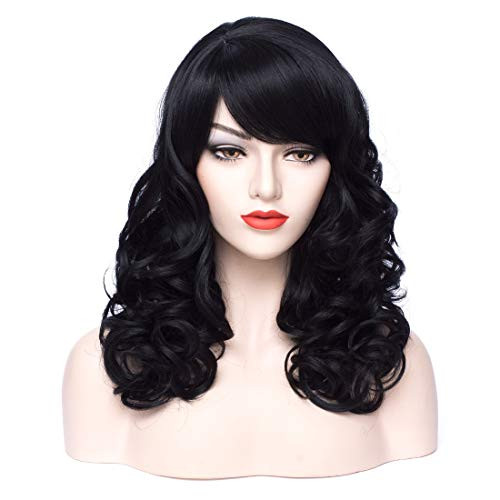PATTNIUM Long Wavy Curly Wig with Bangs for Women Shoulder Length Rose Net Wig Cosplay Costume Party Wigs -Black-